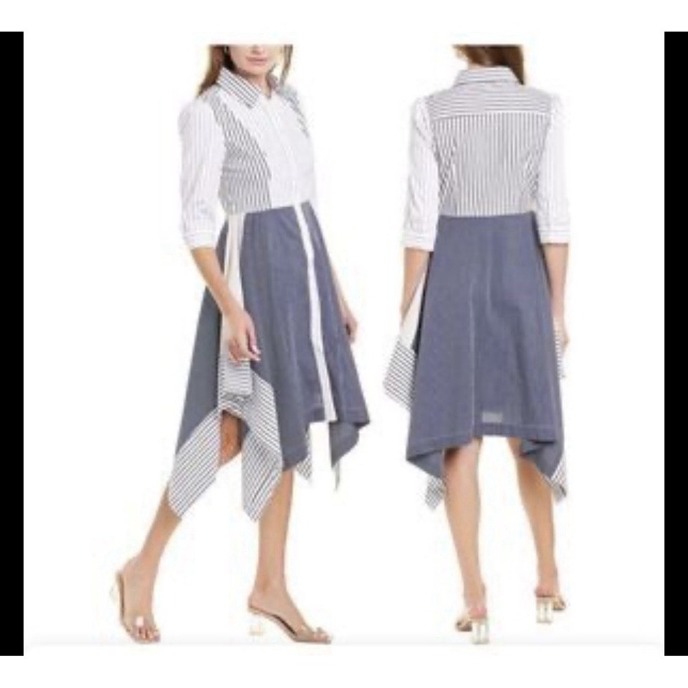 Gracia Striped Asymmetrical Handkerchief Hem Midi Shirt Dress Sz M Unique Preppy